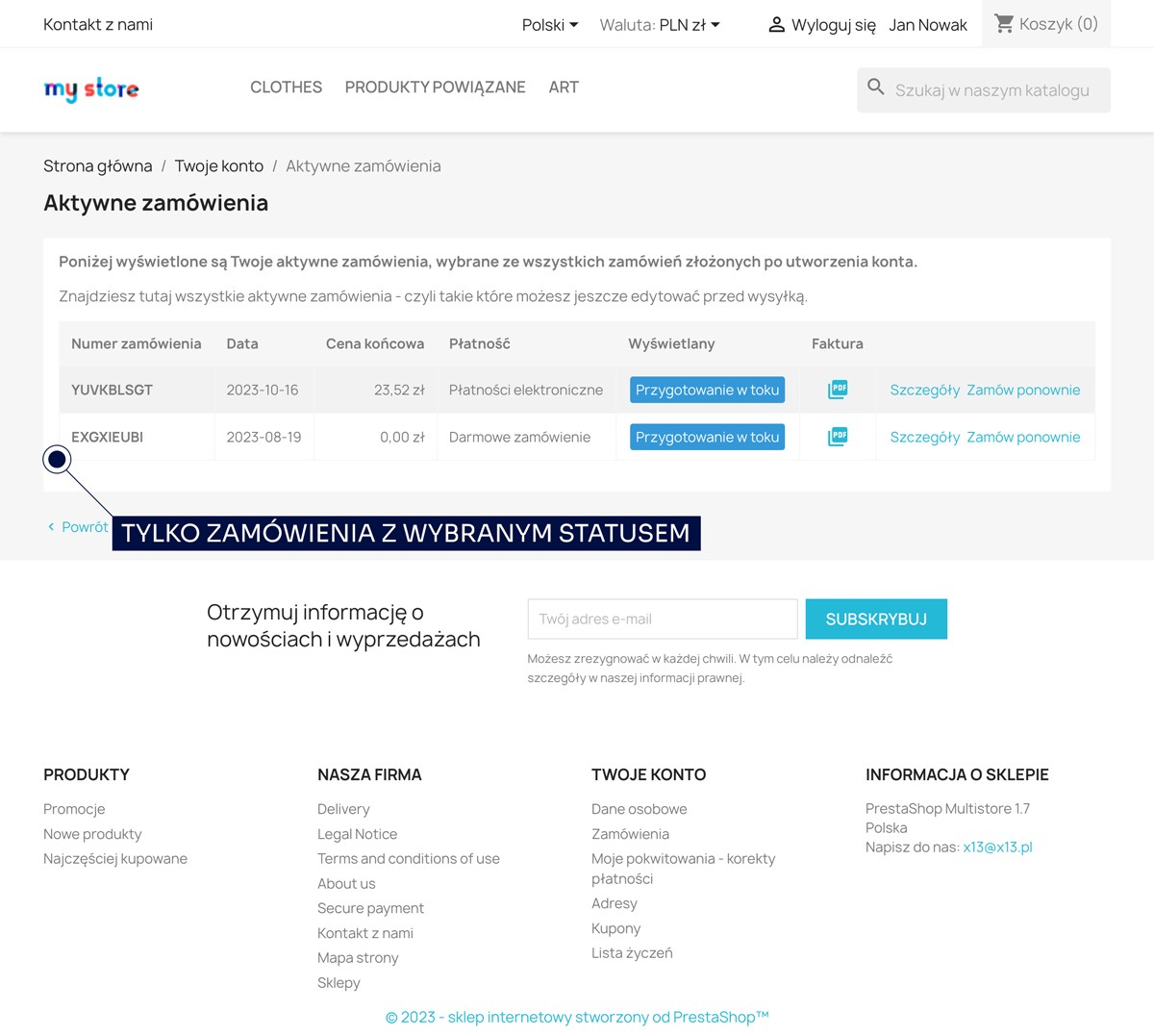 Aktywne zamówienia - podstrona z zamówieniami z wybranymi statusami