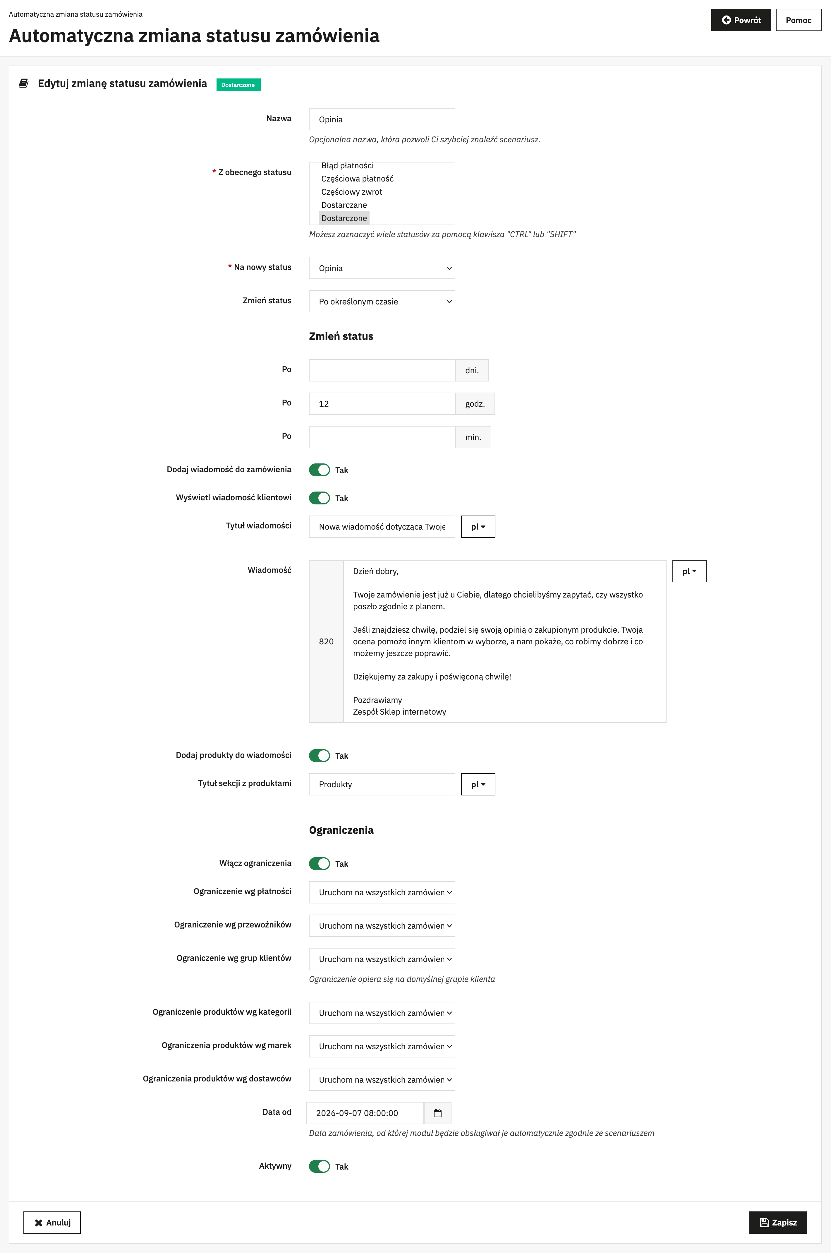 Automatyczna zmiana statusu zamówienia
