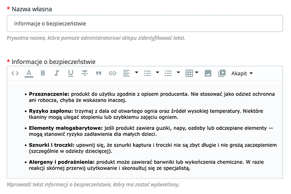 GPSR - rozporządzenie o ogólnym bezpieczeństwie produktów dla PrestaShop - informacje tekstowe