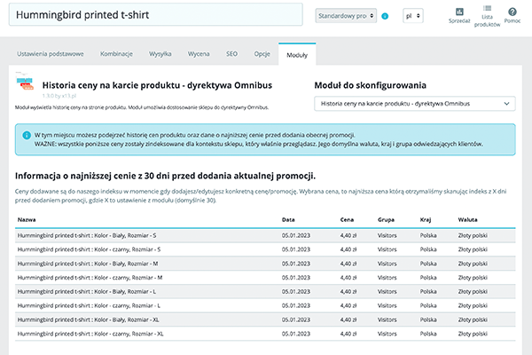Historia cen na karcie produktu dla PrestaShop - panel administracyjny