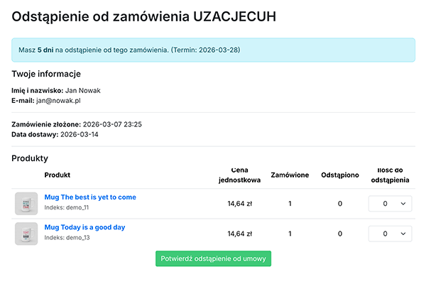 Odstąp od umowy tutaj - dyrektywa 2023/2673 dla PrestaShop - formularz odstąpienia