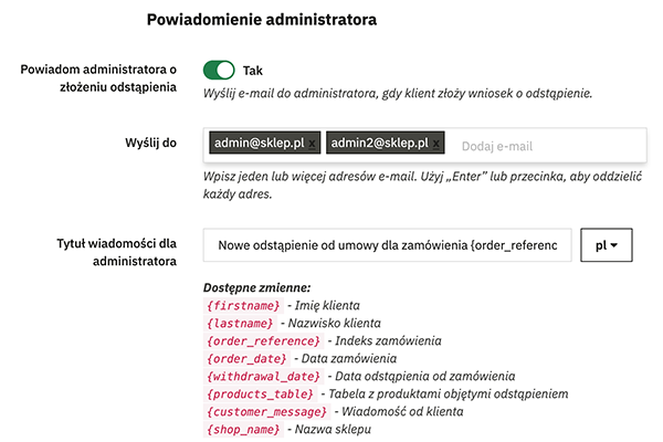 Odstąp od umowy tutaj - dyrektywa 2023/2673 dla PrestaShop - Powiadomienie e-mail dla administratora